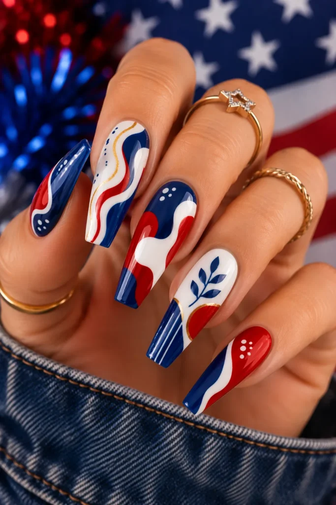 Abstract Red White and Blue Nails