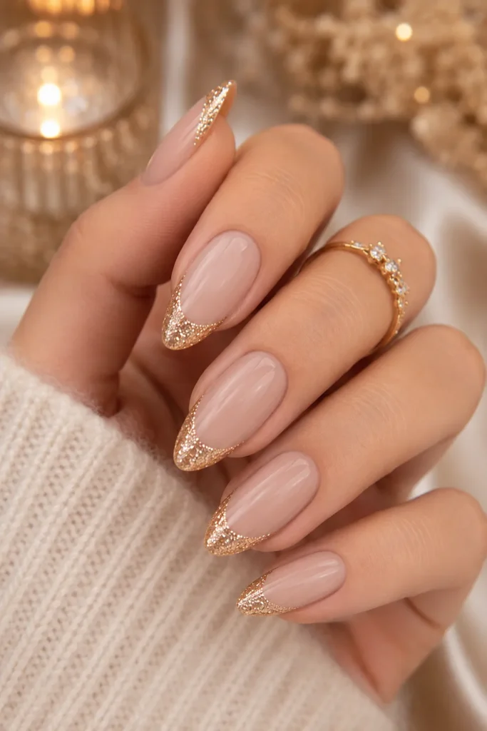 Almond-Shaped Glitter French Tips