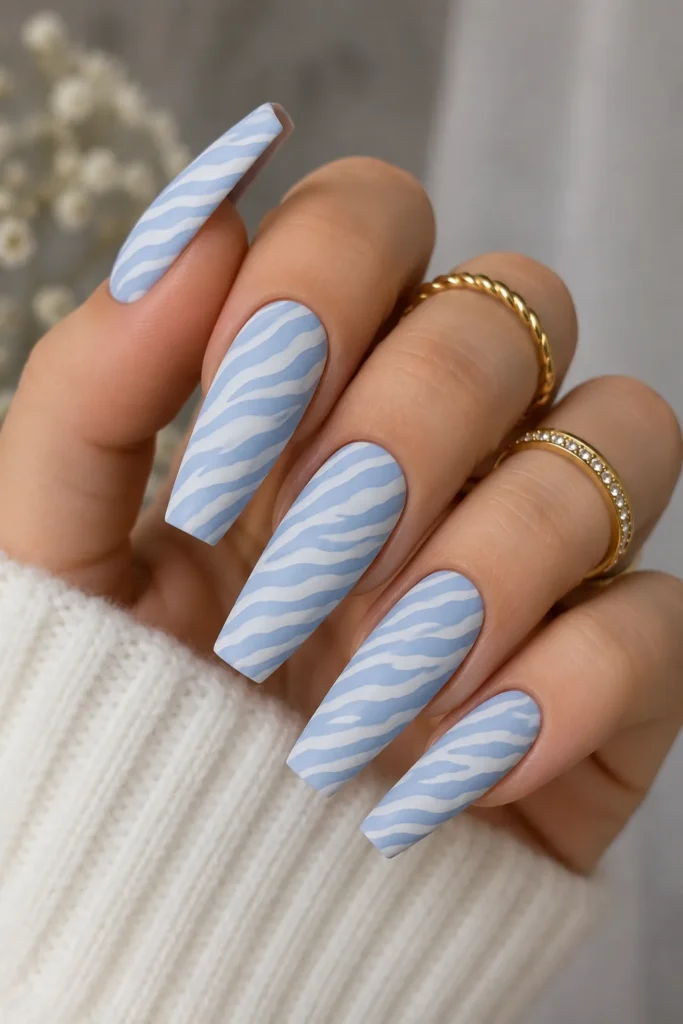 Baby Blue Zebra Print Nails