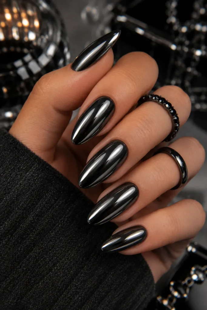 Black Chrome Almond Nails