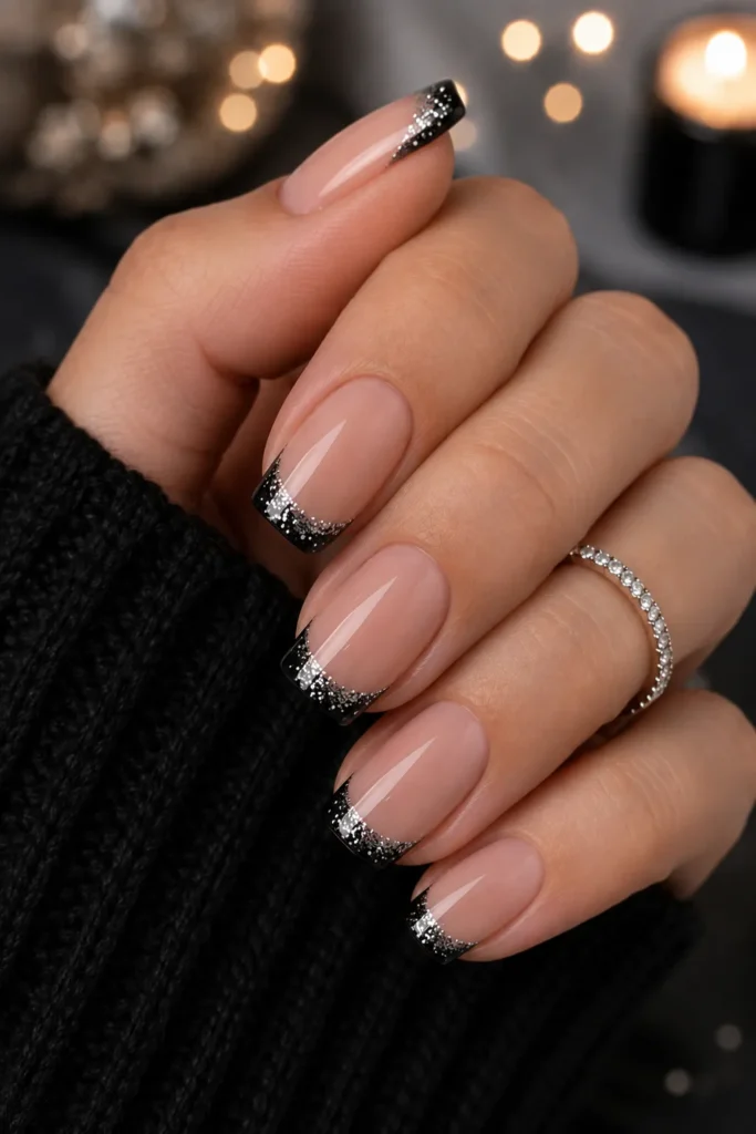 Black and Silver Glitter French Nails