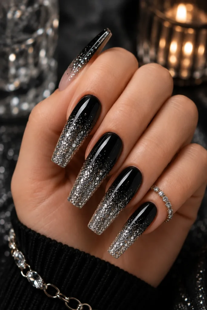 Black and Silver Glitter Ombre Nails