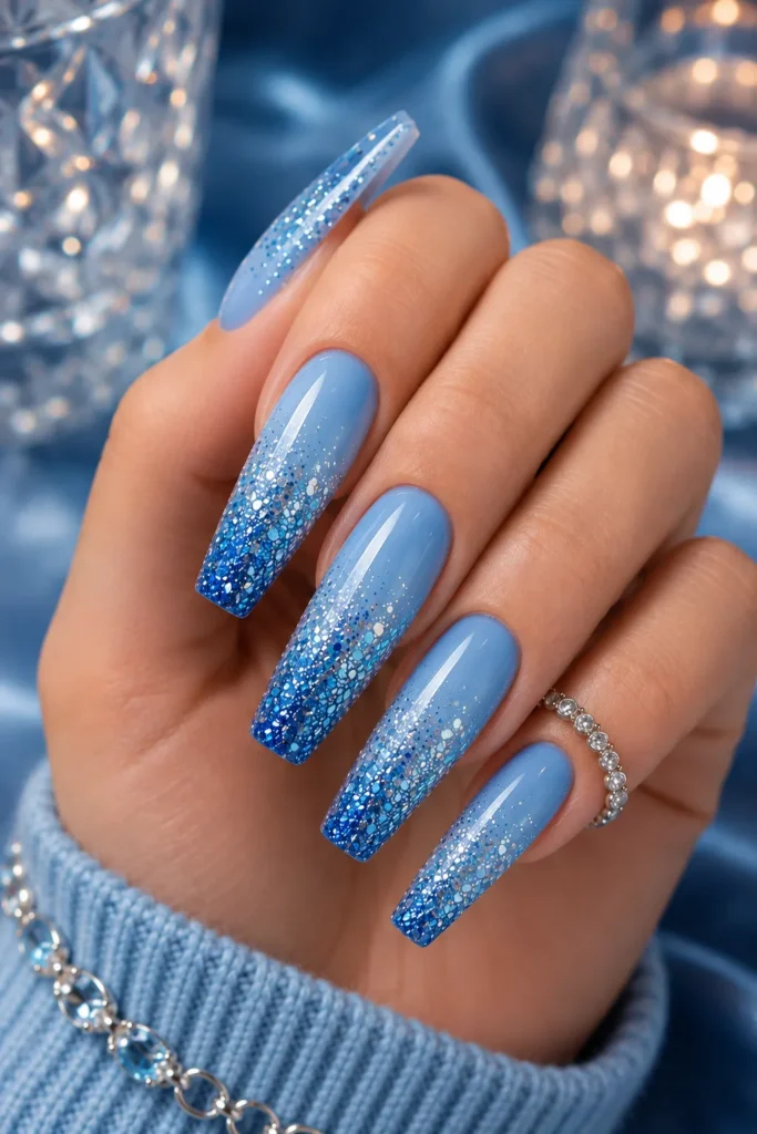Blue Glitter Ombre Nails