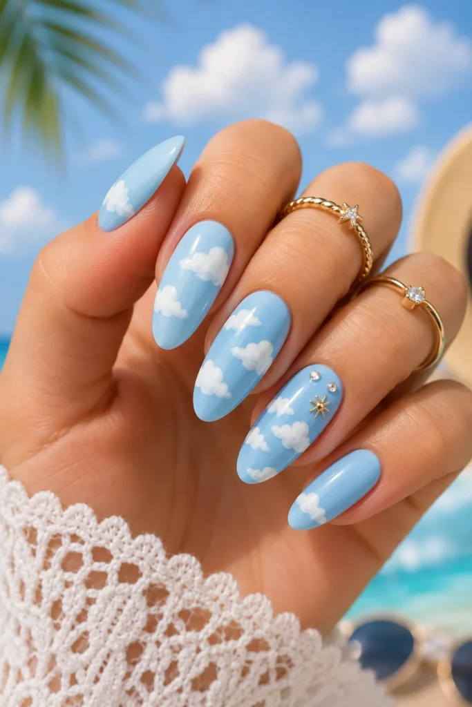 Blue Sky Cloud Nail Art