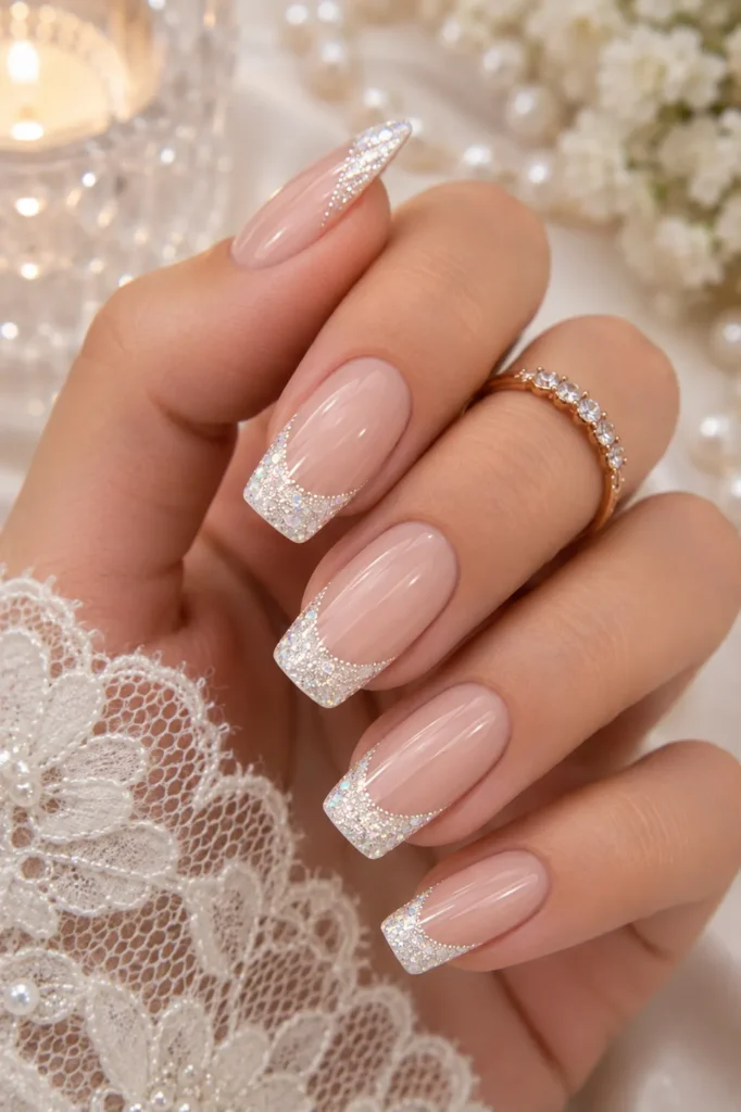 Bridal White Glitter French Tips