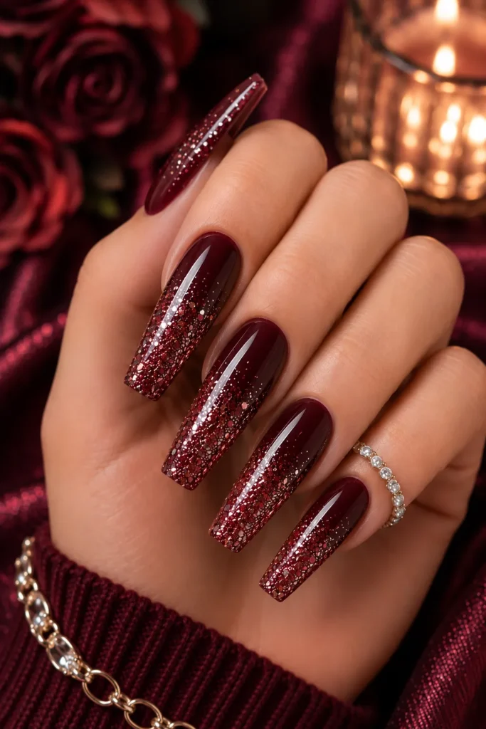 Burgundy Glitter Ombre Nails