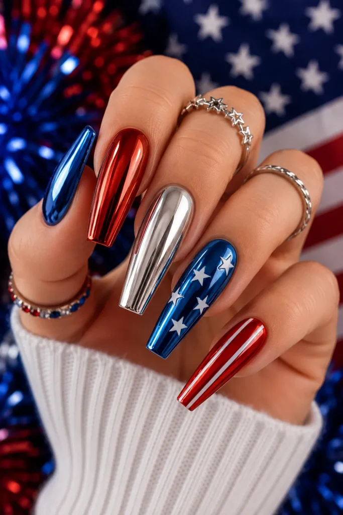 Chrome Red White and Blue Nails