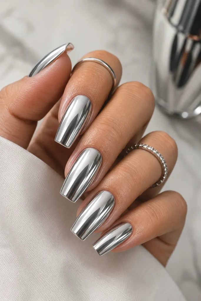 Chrome Silver Tapered Square Nails
