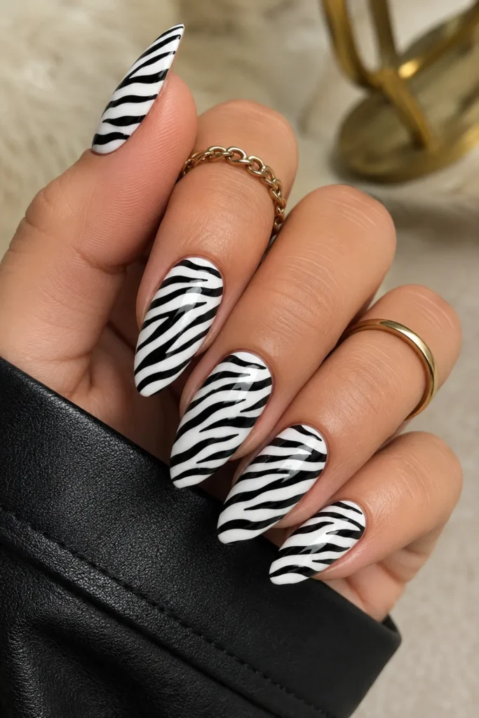 Classic Black and White Zebra Print Nails