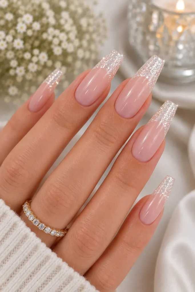 Coffin Glitter French Nails