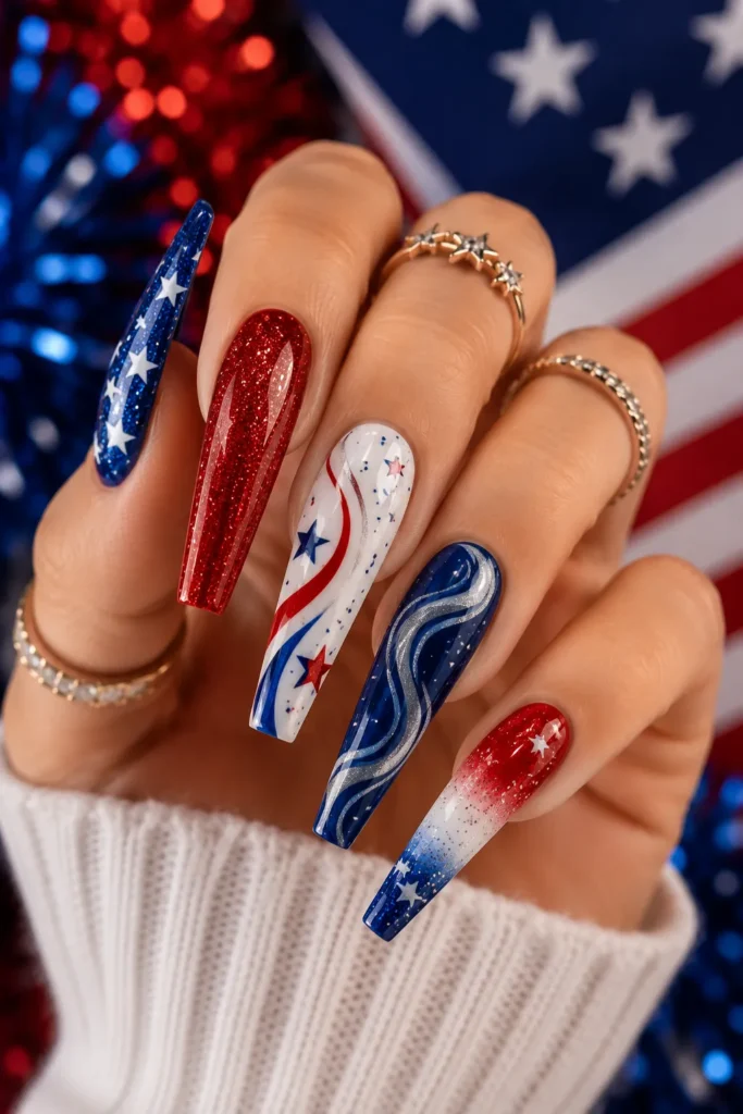 Coffin Red White and Blue Nails