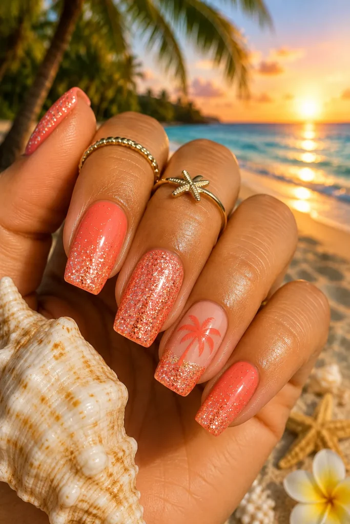 Coral Glitter Beach Nails