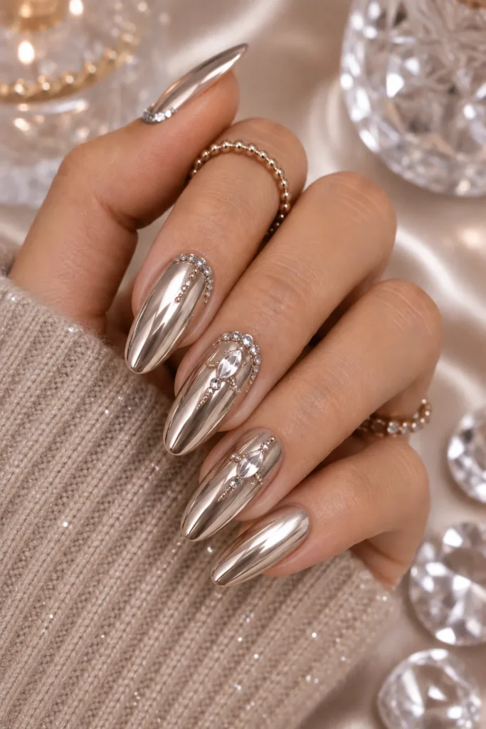 Crystal-Embellished Chrome Nails