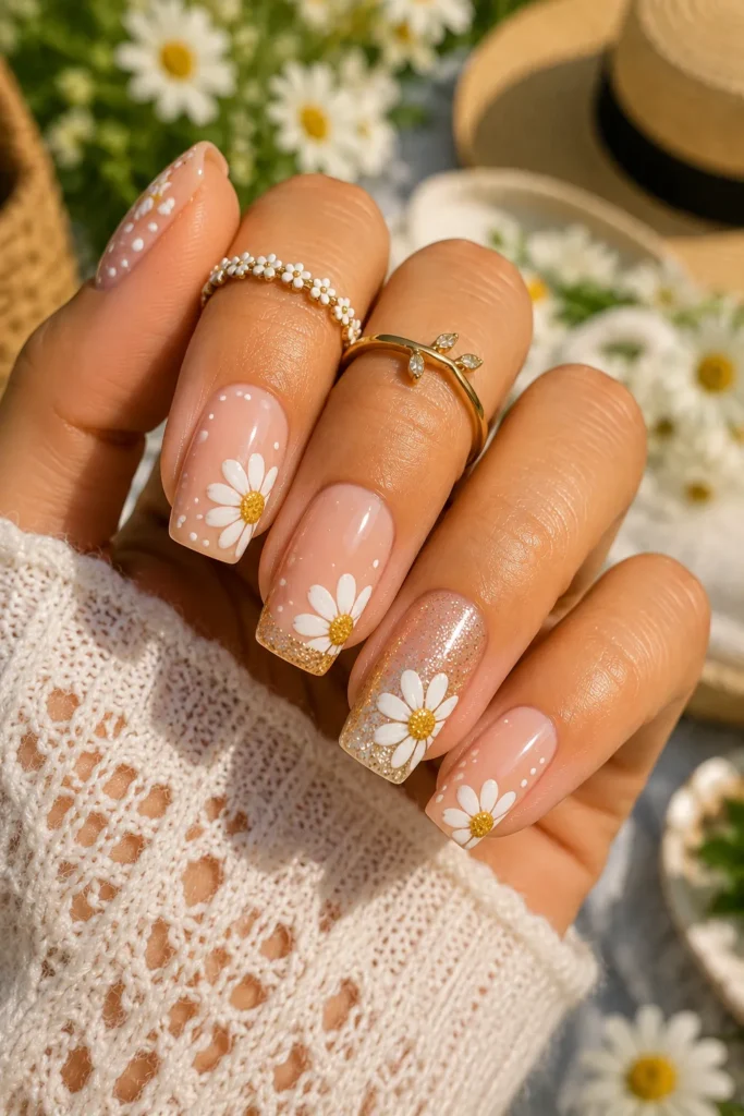 Daisy Flower Summer Nails