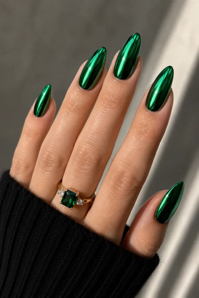 Emerald Green Chrome Nails