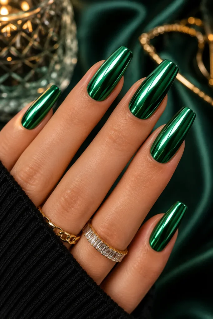 Emerald Green Chrome Nails