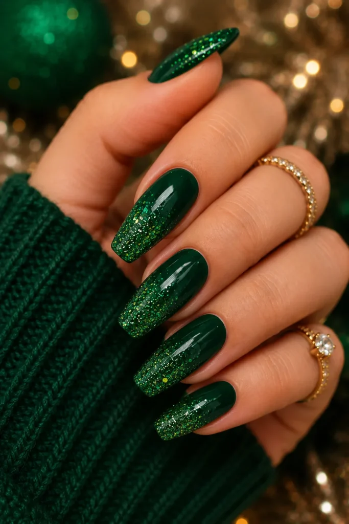 Emerald Green Glitter Ombre Nails