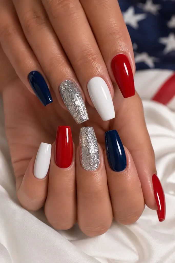 Glitter Accent Labor Day Nails