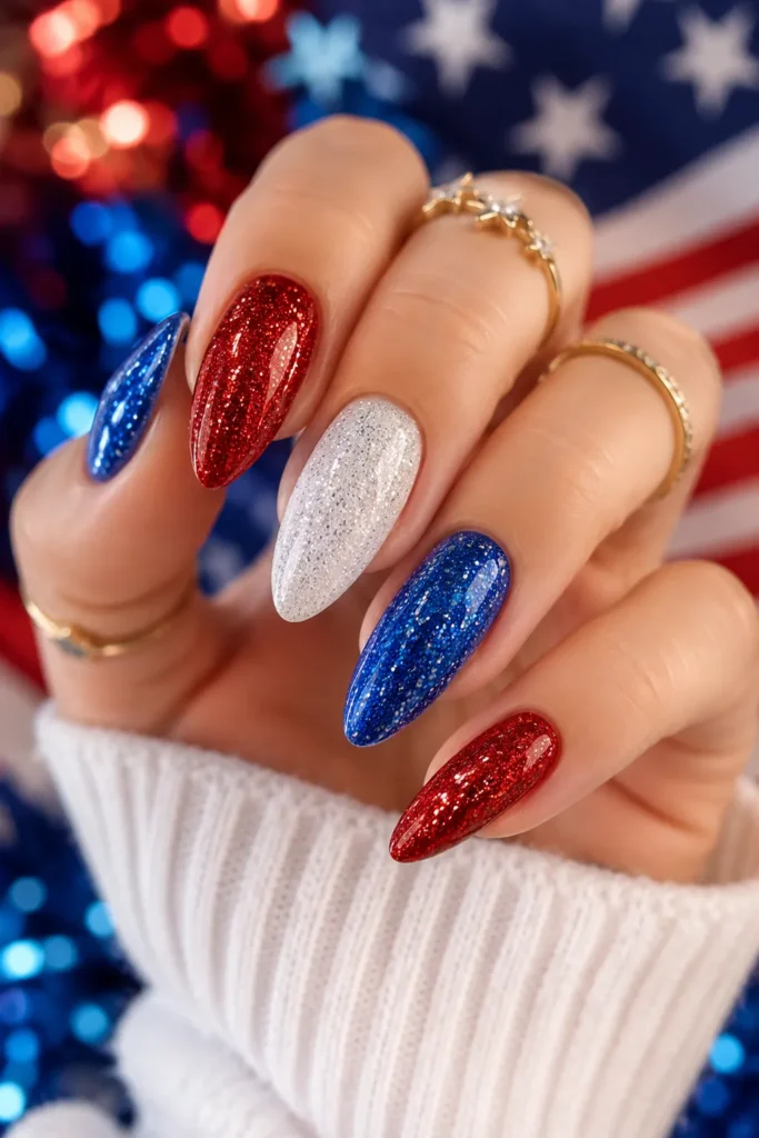 Glitter Red White and Blue Nails