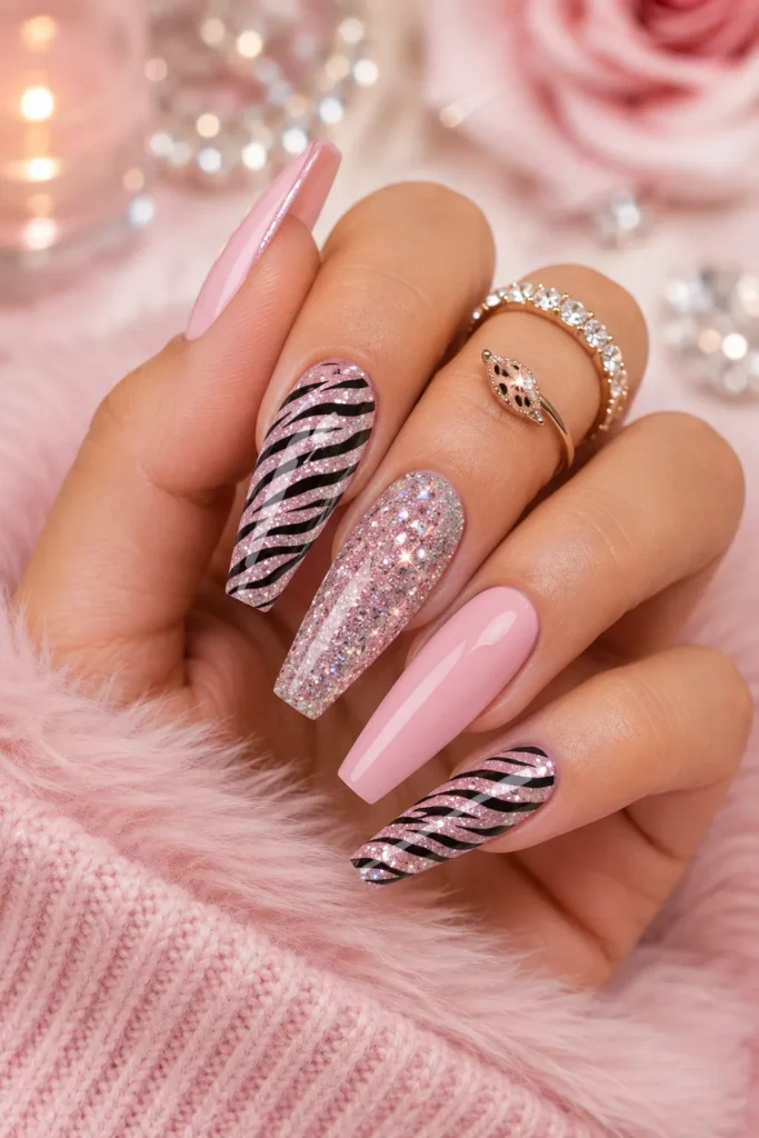 Glitter Zebra Print Coffin Nails