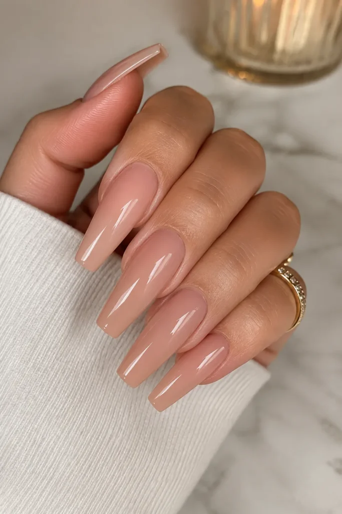 Glossy Nude Coffin Baddie Nails