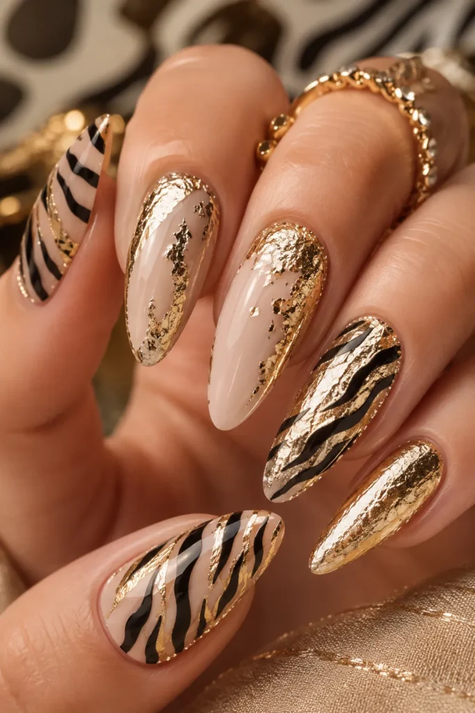 Gold Foil Zebra Print Nails