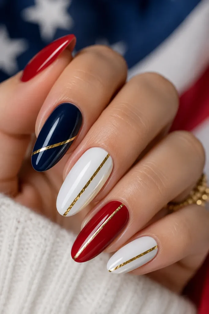 Gold Stripe Labor Day Nails