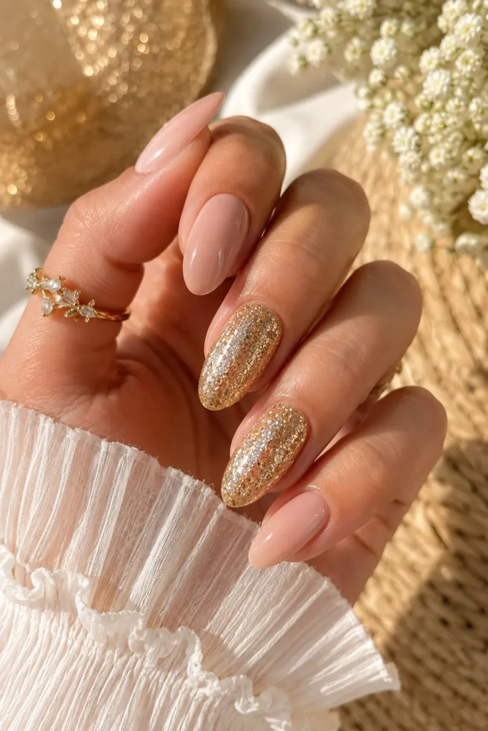 Golden Glitter Accent Nails