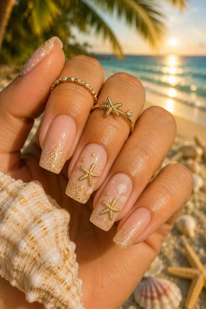 Golden Starfish Beach Nails