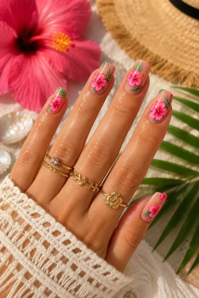 Hibiscus Flower Nails