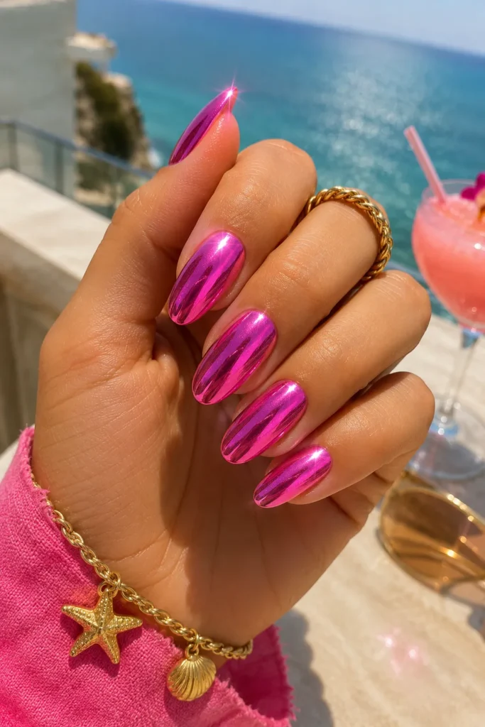 Hot Pink Chrome Nails