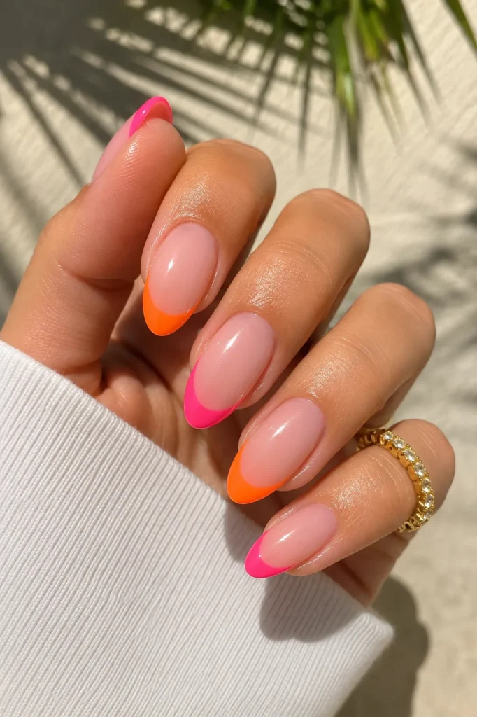 Hot Pink and Orange Neon French Tips