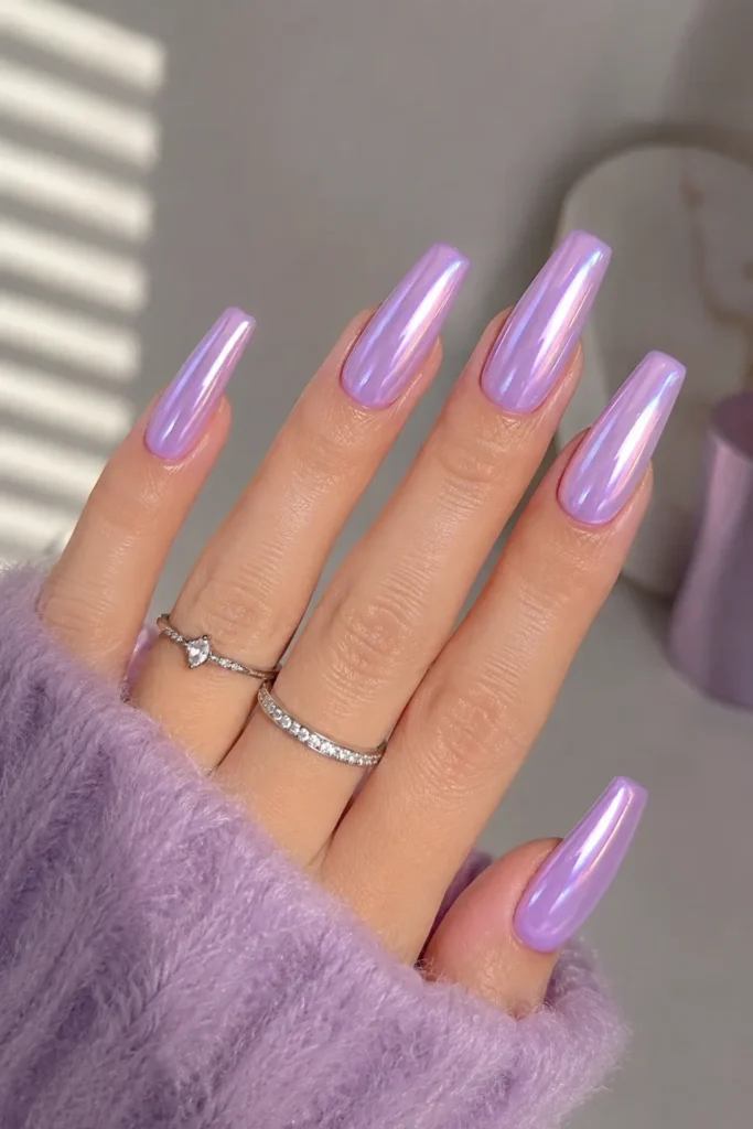 Lavender Chrome Coffin Nails