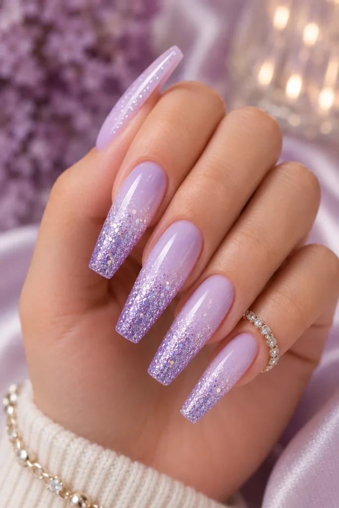 Lavender Glitter Ombre Nails