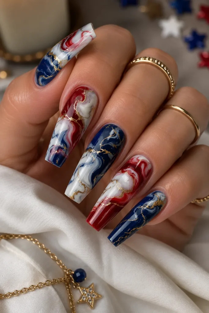 Marble Red, White, and Blue Nails