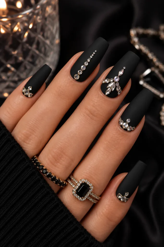 Matte Black Nails with Rhinestones