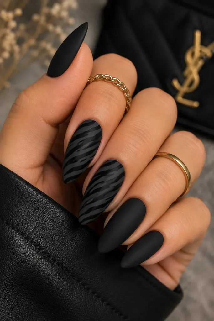 Matte Black Zebra Accent Nails