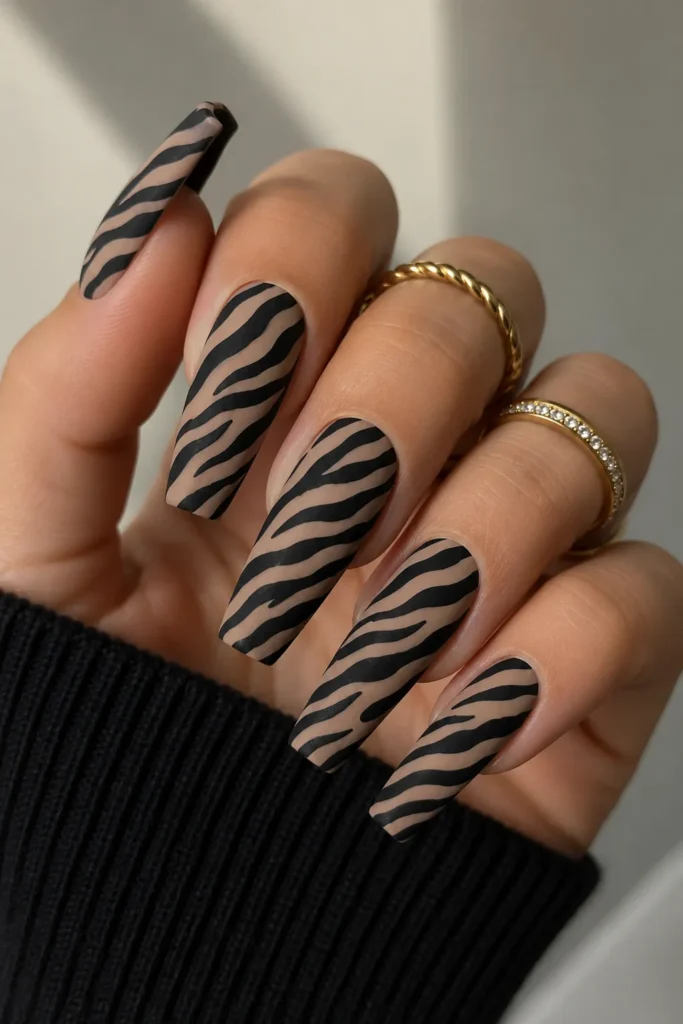 Matte Zebra Coffin Nails