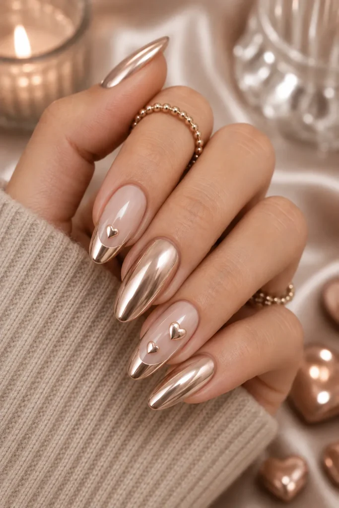 Metallic Chrome Heart Nail Art