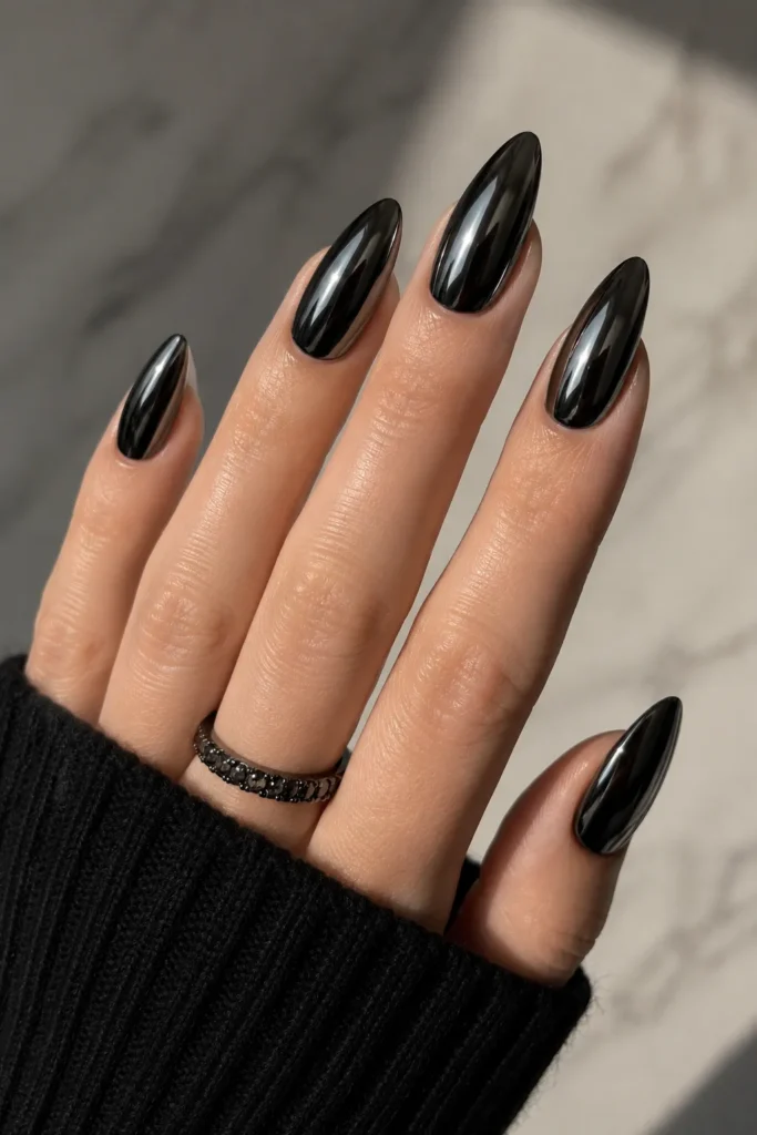 Midnight Black Metallic Chrome Nails