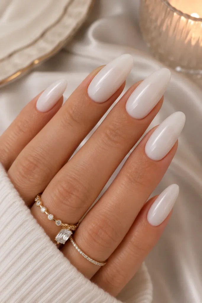 Milky White Almond Nails