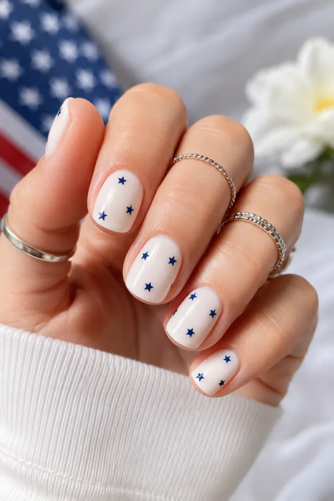 Minimalist White Nails with Tiny Blue Stars