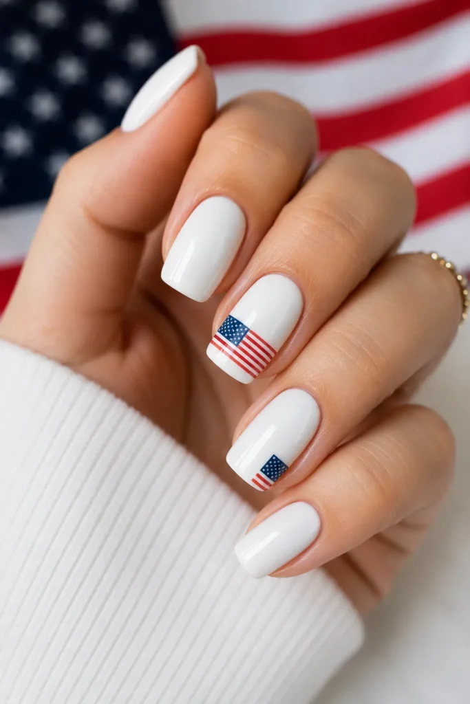 Minimalist White Nails with Tiny Flags