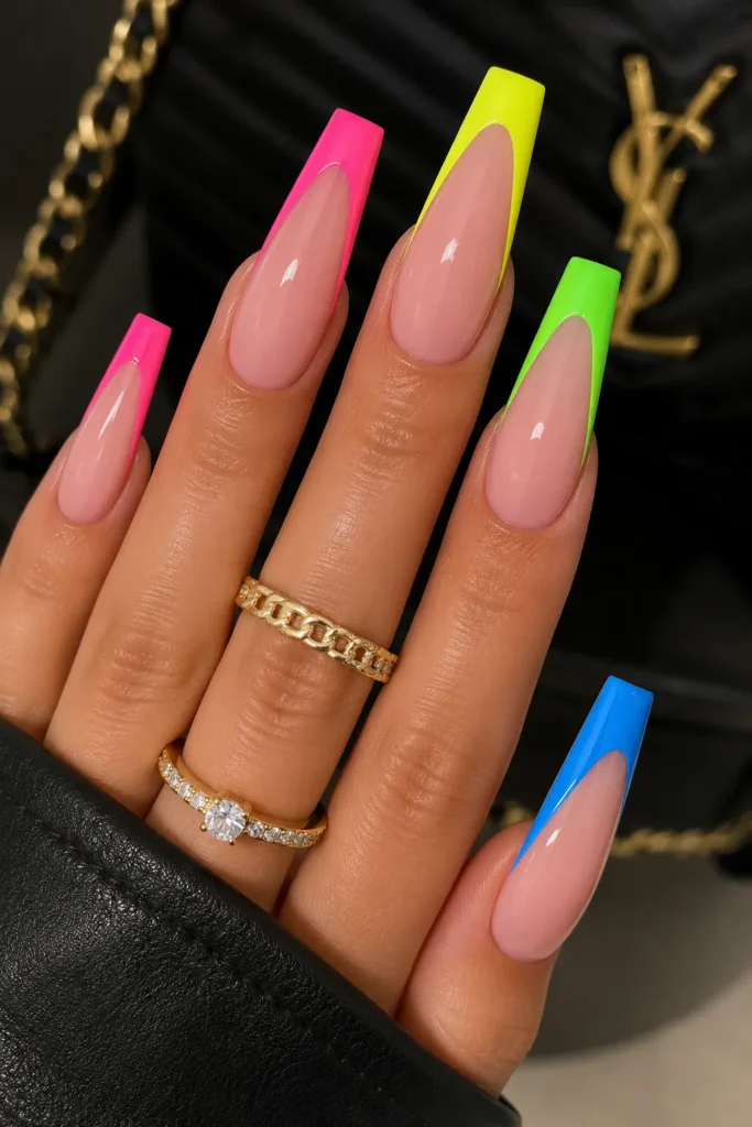 Neon French Tips on Coffin Nails
