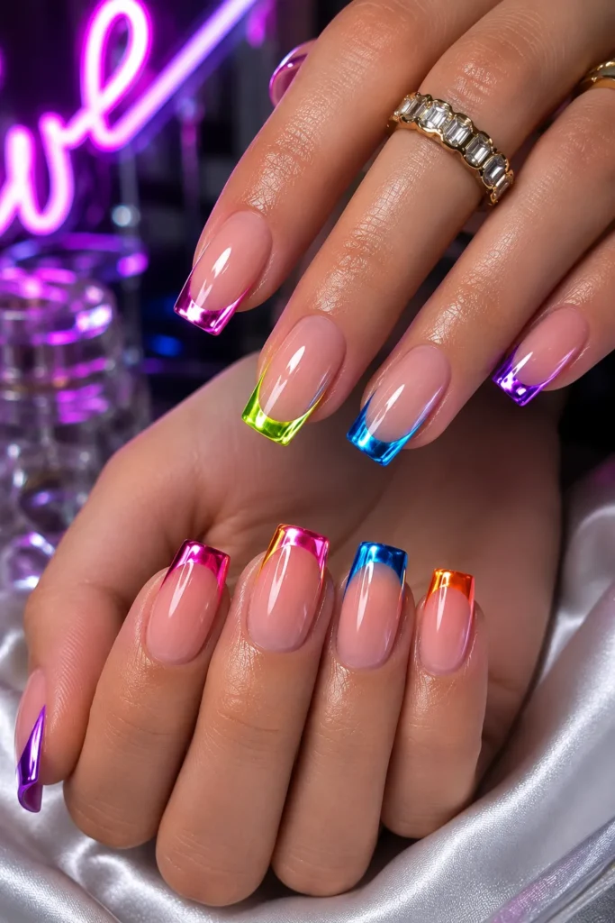 Neon French Tips with Glitter Outline