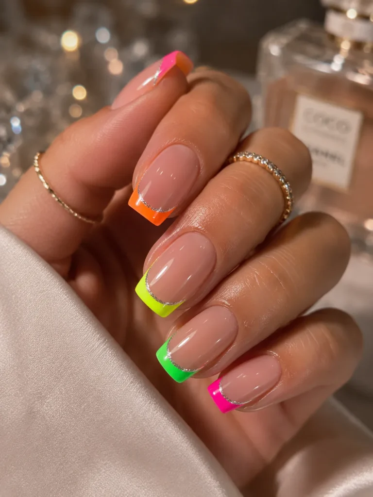 Neon French Tips with Glitter Outline