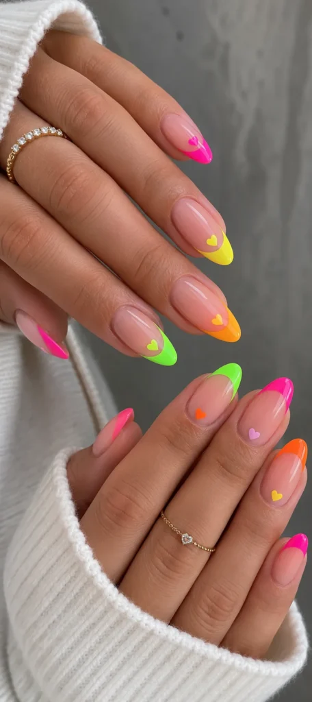 Neon French Tips with Heart Accents