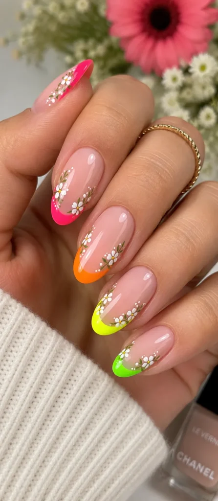 Neon French Tips with Tiny Flowers