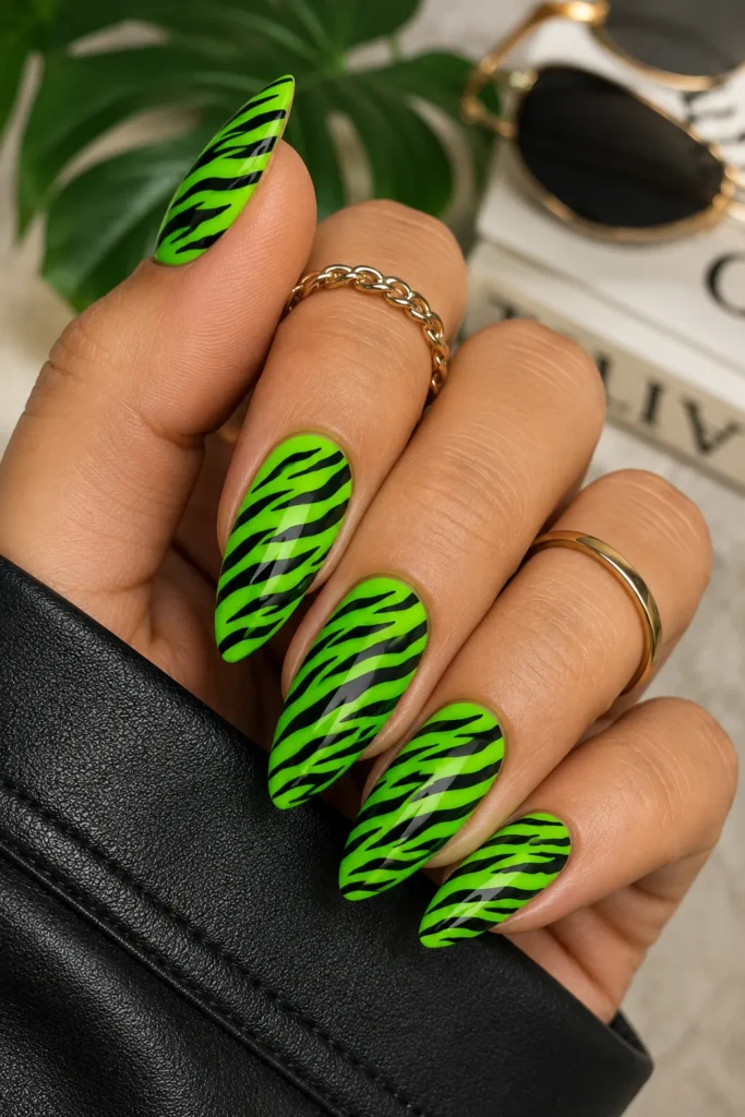 Neon Green Zebra Print Nails