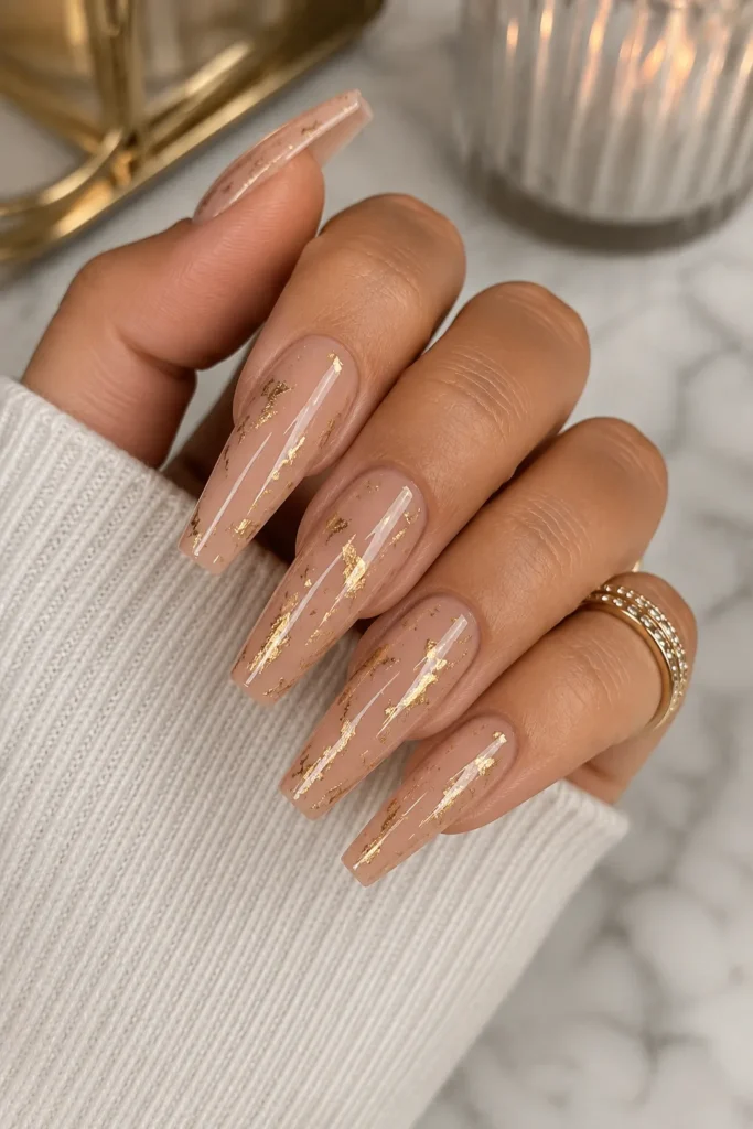 Nude Nails with Gold Foil Accents